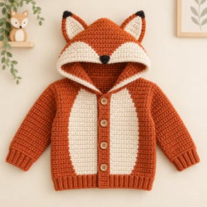 May include: A long-sleeve crochet cardigan featuring a fox-themed hood with pointed ears, a dark brown nose, and cream-colored accents. The garment is primarily rust orange with a cream-colored front panel and four light brown wooden buttons.