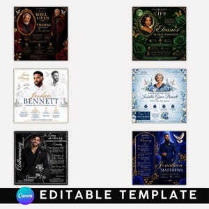 Può includere: Una collezione di sei modelli modificabili per programmi funebri con ritratti, accenti floreali in rosso, verde, blu e bianco, e campi di testo per nomi, date e dettagli del servizio, presentati in una griglia su uno sfondo chiaro.