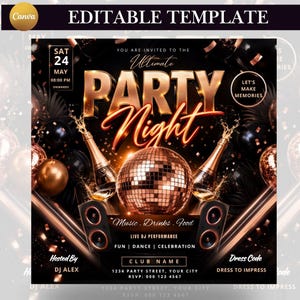 Könnte beinhalten: Eine digitale Party-Einladungsvorlage mit dem Text Ultimate PARTY Night in Gold, einer zentralen Discokugel, zwei Champagnerflaschen und Lautsprechern. Das Design enthält Veranstaltungsdetails wie Samstag, 24. Mai, 20:00 Uhr und Platzhalter.