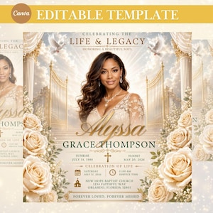 Può includere: Un modello modificabile per programma funebre con il ritratto di una donna, cancelli dorati, colombe bianche e rose color crema. Il testo include CELEBRATING THE LIFE & LEGACY, Alyssa Grace Thompson, sunrise July 14, 1988, sunset May 20, 2026.