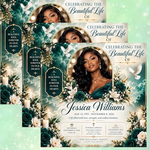 May include: A funeral program template featuring a portrait of a person, white doves, and dark teal roses. Text includes "Celebrating the Beautiful Life of Jessica Williams," dates, and service details for New Hope Church in Atlanta, Georgia.