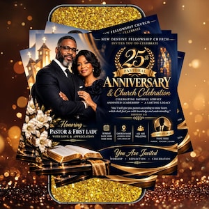 Puede incluir: Un folleto digital para un 25 aniversario pastoral y celebración de iglesia con un hombre y una mujer en traje formal, una Biblia abierta, lirios blancos y detalles dorados. El texto incluye New Destiny Fellowship Church, 25th Pastoral Anniversary y Jeremiah 3:15.