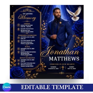 May include: A funeral program template featuring a dark blue background with gold accents, deep blue roses, and a white dove. It displays the text In Loving Memory, Jonathan Matthews, event details for May 2025, and dates March 10, 1985 to May 12, 2026.
