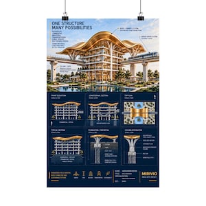 May include: An architectural poster titled One Structure Many Possibilities featuring a large gold-roofed building with an elevated transit system. It includes technical diagrams, front elevations, longitudinal sections, and foundation details.
