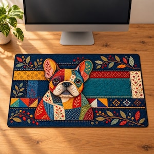 French Bulldog Desk Mat, Colorful Patchwork Frenchie Gaming Mouse Pad