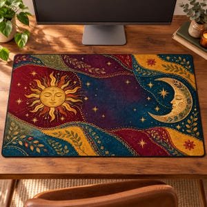 May include: A rectangular desk mat featuring a celestial design with a golden sun on the left and a golden crescent moon on the right. The background displays swirling patterns of deep red, navy blue, and mustard yellow, accented with stars and leaves.