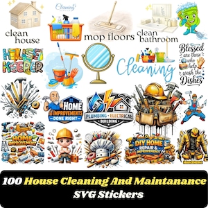 Puede incluir: Una colección de 100 pegatinas SVG de limpieza y mantenimiento del hogar con varias ilustraciones de artículos de limpieza, herramientas, trabajadores de la construcción y etiquetas de texto como clean house, mop floors y home improvement.