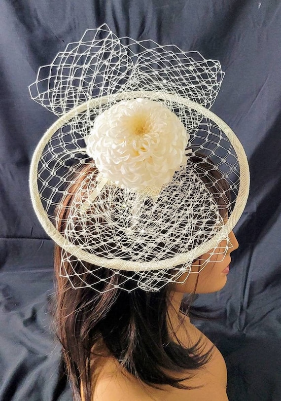 White Fascinator With Handmade Dahlia Pom Pom on a Birdcage  display picture 1
