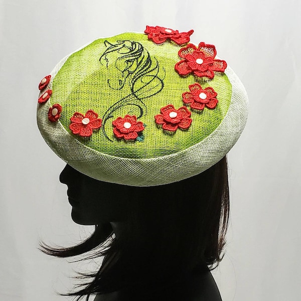 Red green roses and horse derby fascinator