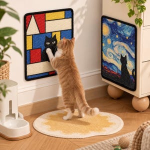 Könnte beinhalten: Zwei rechteckige, an der Wand montierbare Kratzbretter für Katzen mit schwarzem Rand. Ein Brett zeigt ein geometrisches Muster mit einer schwarzen Katzensilhouette, das andere eine wirbelnde Sternennacht mit einer schwarzen Katzensilhouette.