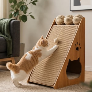 May include: A wooden cat scratching ramp with a sisal surface, featuring three sisal balls at the top and one hanging sisal ball. The structure includes a cat-shaped cutout entrance and a paw print design on the side panel, with a cat interacting.