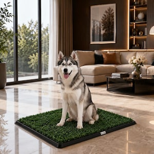 Peut inclure: Un Husky sibérien au pelage gris et blanc est assis sur un tapis de dressage pour animaux en gazon artificiel avec un cadre noir rectangulaire. Le chien a des oreilles droites, une truffe noire et la langue rose. Une petite étiquette blanche est visible.