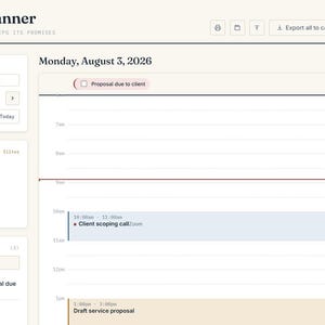 May include: A digital daily planner interface titled Daily Planner with the date Monday, August 3, 2026. The layout includes a navigation sidebar, category filters for meetings and tasks, an upcoming section, and a central hourly schedule.