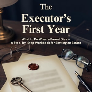 May include: A book titled The Executor's First Year: What to Do When a Parent Dies — A Step-by-Step Workbook for Settling an Estate. The cover features a vintage key, a red wax seal on paper, a fountain pen, and two pairs of eyeglasses.