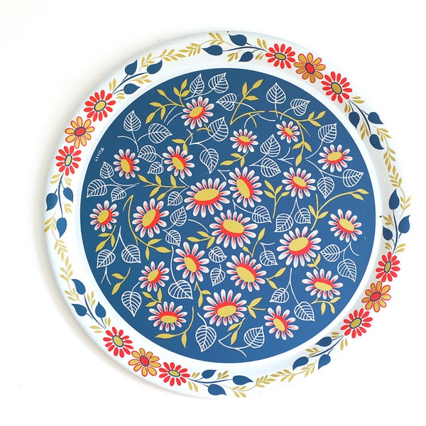 Large Metal Blue and Red Floral Tray