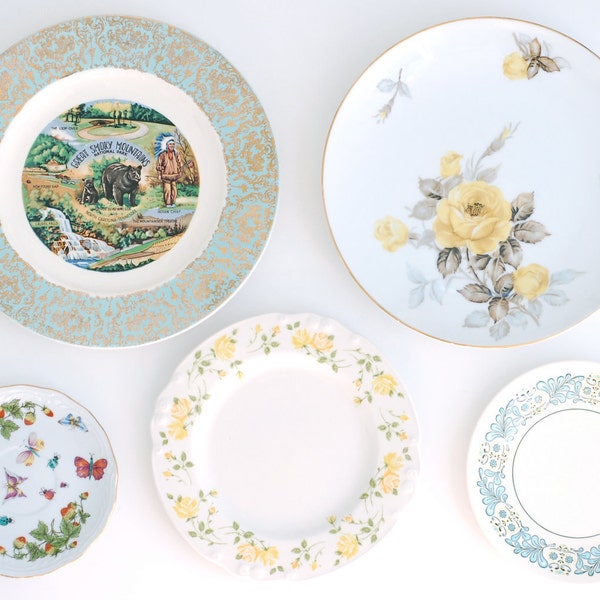 Instant Collection of 5 Vintage Plates in Yellows and Greens