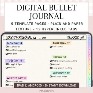 Könnte beinhalten: Ein digitales Bullet Journal auf einem Tablet-Bildschirm mit dem Text DIGITAL BULLET JOURNAL, 9 TEMPLATE PAGES - PLAIN AND PAPER TEXTURE - 12 HYPERLINKED TABS und IPAD & ANDROID - INSTANT DOWNLOAD. Das Wochenlayout zeigt die entsprechenden Daten.