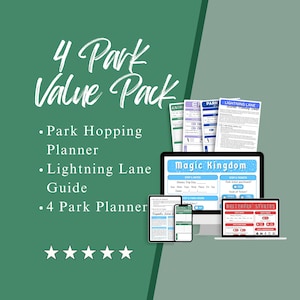 Könnte beinhalten: Ein 4 Park Value Pack digitaler Planer mit Park Hopping Planer, Lightning Lane Guide und 4 Park Planer. Die Darstellung umfasst mehrere gedruckte Seiten und digitale Bildschirme mit Vorlagen für Magic Kingdom und Hollywood Studios.