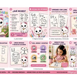 May include: A digital coloring book for children featuring a white kitten named Luna. The ten-panel infographic displays the cover, interior pages with alphabet letters and animal illustrations, educational activities, a completion diploma, and instructions.