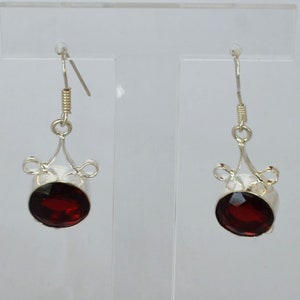Intricate Artisan Made Sterling Silver Drop Earrings with Round Ruby CZ Stones Fish Hook