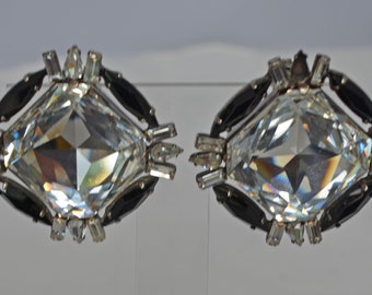 Fabulous Runway Black and Clear Rhinestone Earrings Ultimate in Bling Clip-on