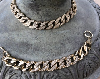 Vintage Necklace Bracelet Rhinestone Gold  Choker