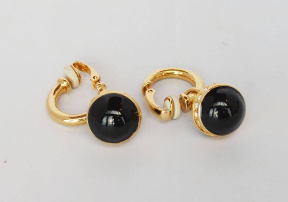 Vintage Gold, Onyx, and Rhinestone Dangle Earrings - image 4