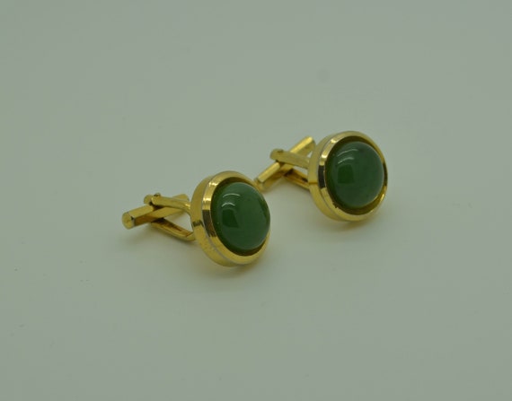 Vintage Jade Green Art Stone Cufflinks in Gold To… - image 2