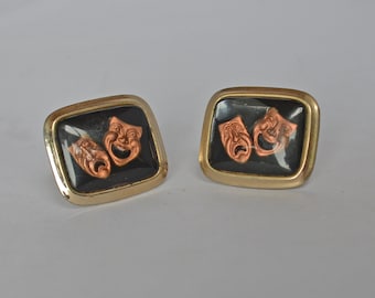 Extra Large Comedy and Tragedy Vintage Cufflinks Gold Black and Copper MidCentury Retro