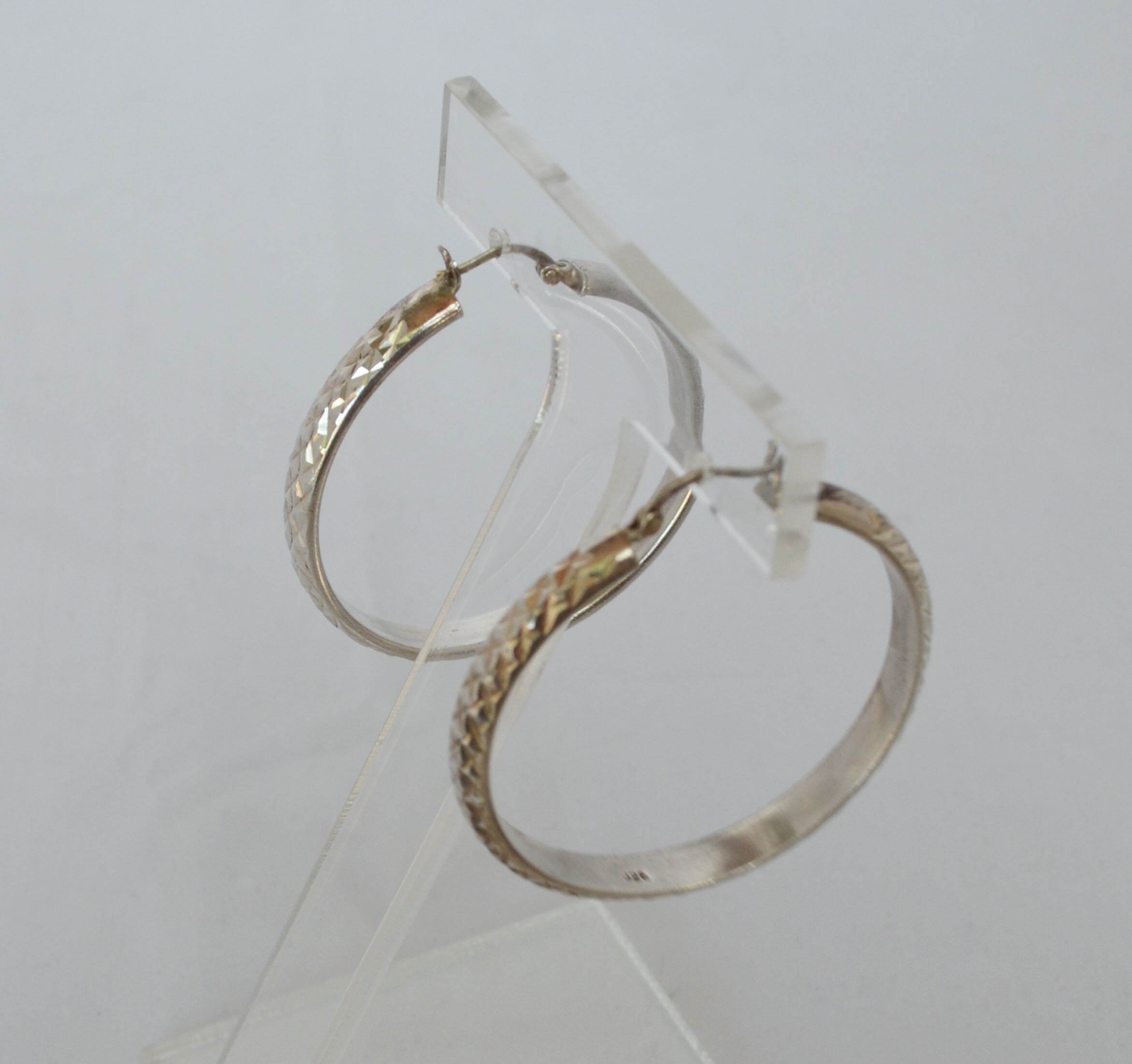 Large 925 Sterling Silver Hoop Earrings Etched Design Pierce Style