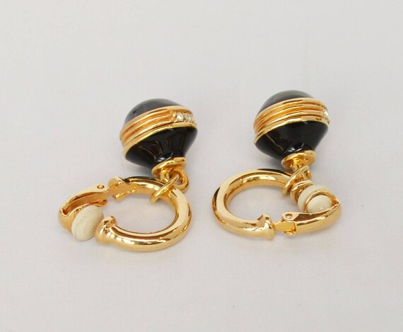 Vintage Gold, Onyx, and Rhinestone Dangle Earrings - image 2