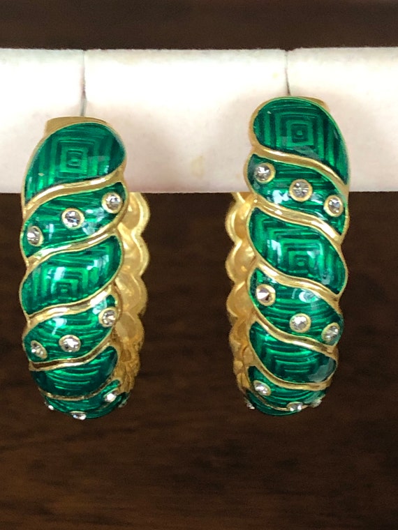 Large Vintage Emerald Green Hoop Earrings  Pierced