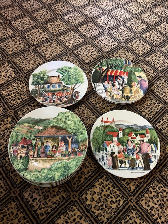 Hand Painted Porcelain Set of 11 Dinner Plates by GUY BUFFET for