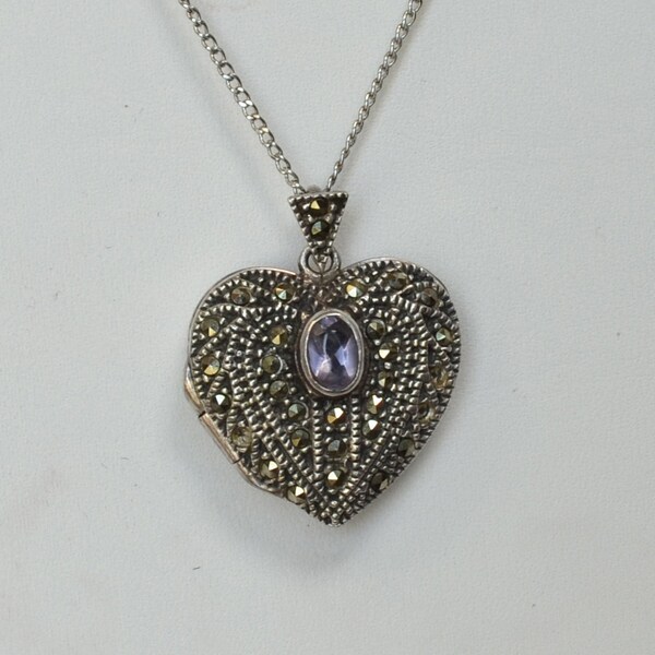 Vintage Marcasite Sterling Silver Oval Amethyst Heart Locket and Chain