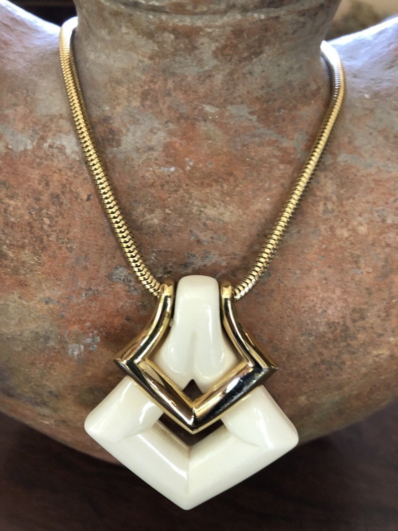 Gorgeous Crown Trifari Necklace w Large Cream Lucite Pendant Alfred Philippe Design 18k GP