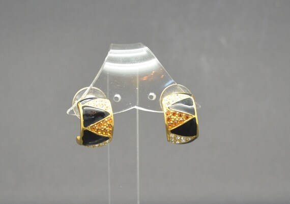 Vintage  Earrings Gold and Black Onyx w/ Swarovsk… - image 1