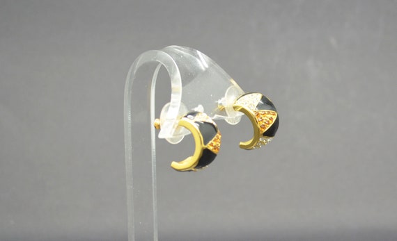 Vintage  Earrings Gold and Black Onyx w/ Swarovsk… - image 3