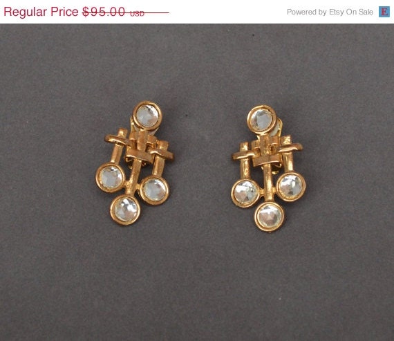 Vintage ART NOUVEAU Earrings Gold  Rhinestone Clip - image 2