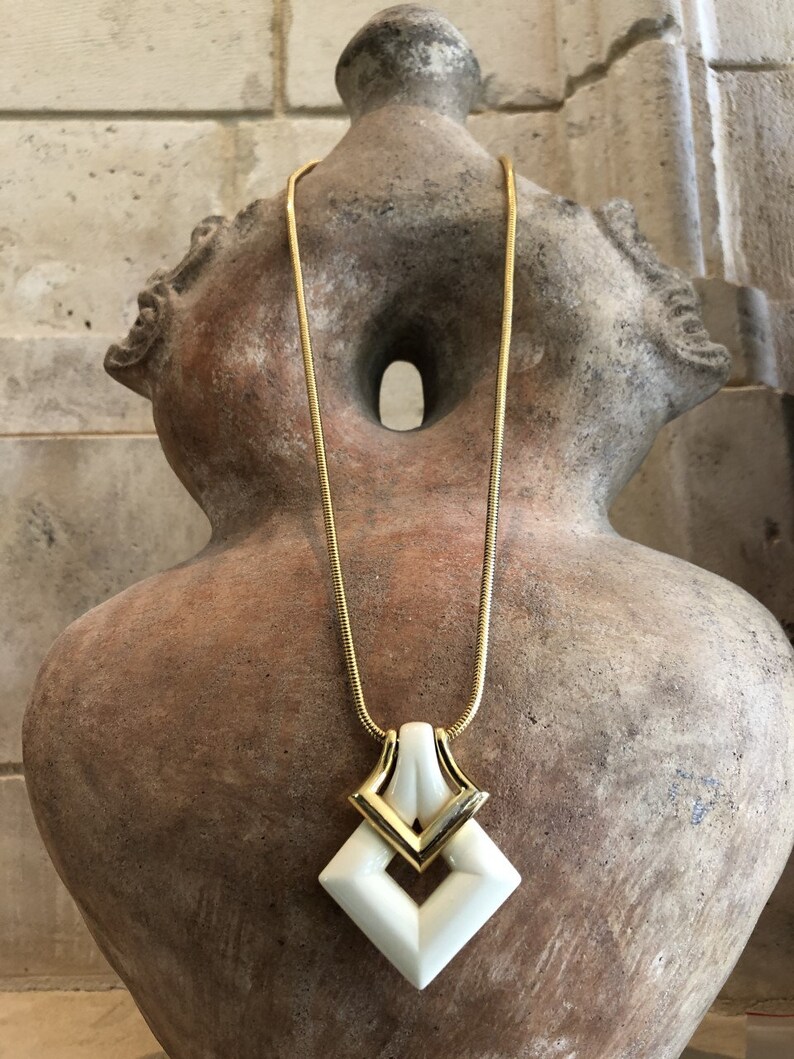 Gorgeous Crown Trifari Necklace w Large Cream Lucite Pendant Alfred Philippe Design 18k GP