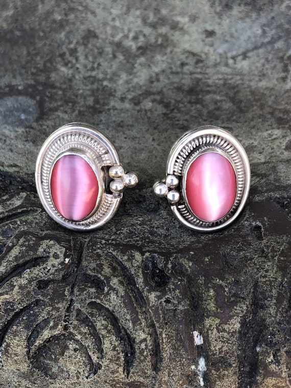 Signed Mexican 925 Silver Earrings Oval Pink Cats… - image 2