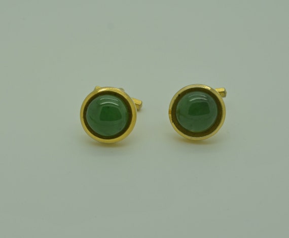 Vintage Jade Green Art Stone Cufflinks in Gold To… - image 1