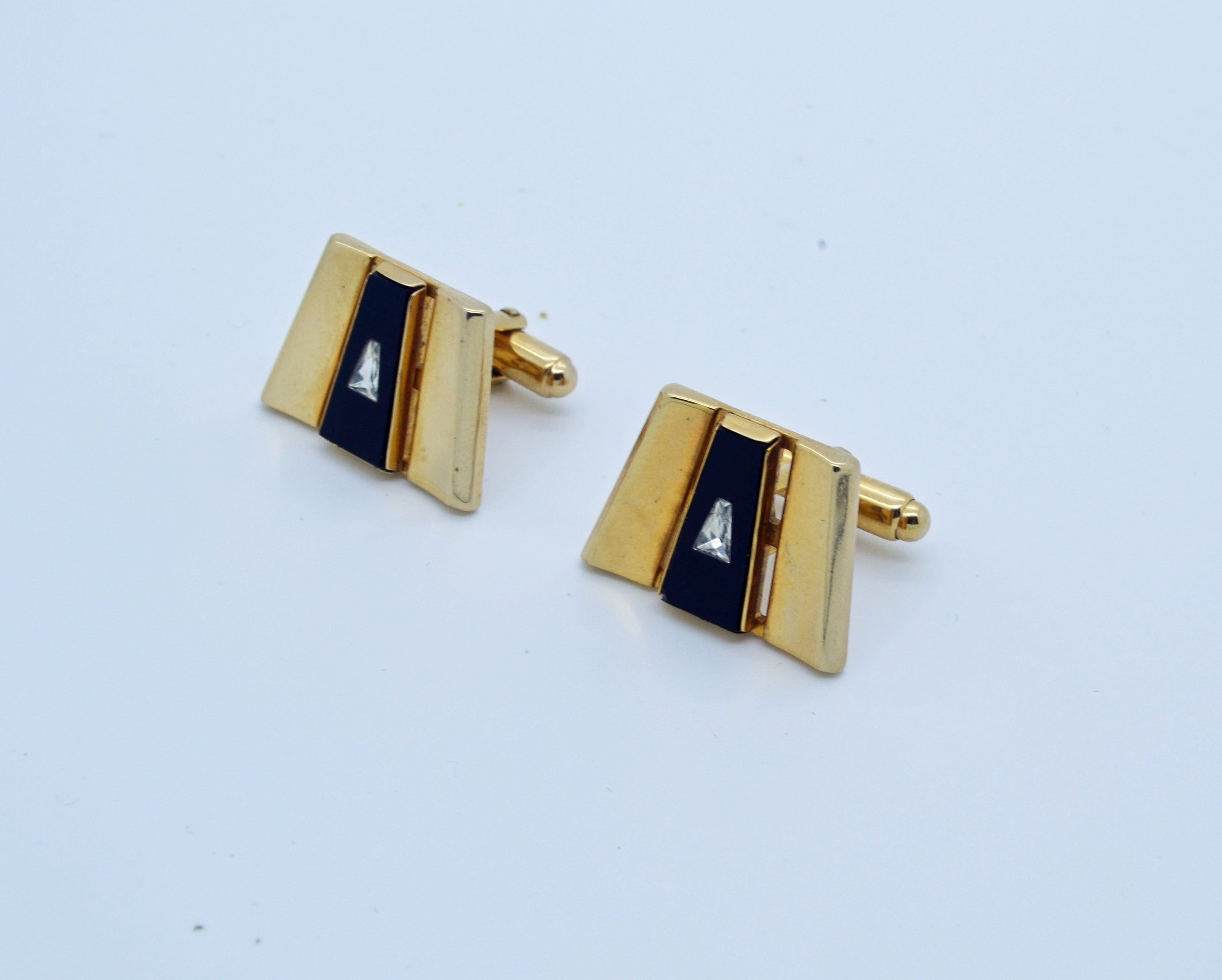 Signed Vintage Anson Cufflinks of Gold Black Onyx and Crystal Classic Formal Men s Accesories