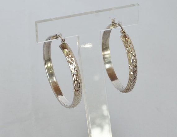 Large 925 Sterling Silver Hoop Earrings Etched Design Pierce Style