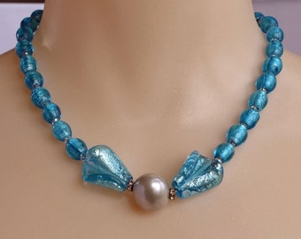 Mesmerizing Vintage VENETIAN Necklace Blue Silver Glass Beaded Pearl Rhinestones