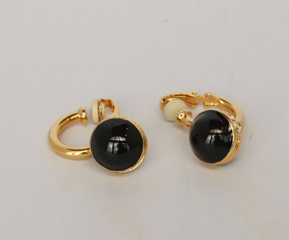 Vintage Gold, Onyx, and Rhinestone Dangle Earrings - image 3