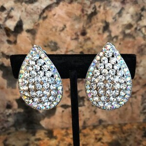 Vintage Swarovski Rhinestone and Iridescent Rhinestone Pear Shaped Runway Earrings Clip-Ons