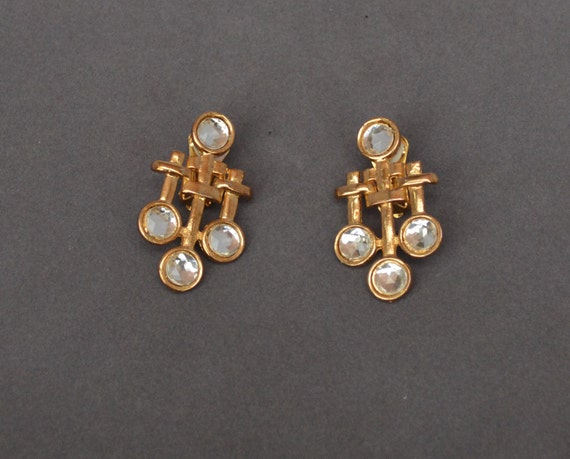 Vintage ART NOUVEAU Earrings Gold  Rhinestone Clip - image 1