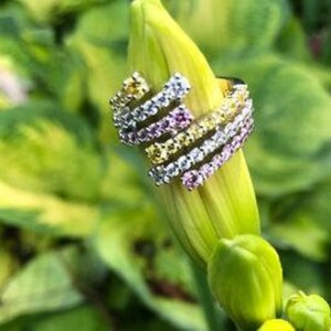 Anel vintage em ouro vermeil com design modernista CZ multicolorido tamanho 6 1/2