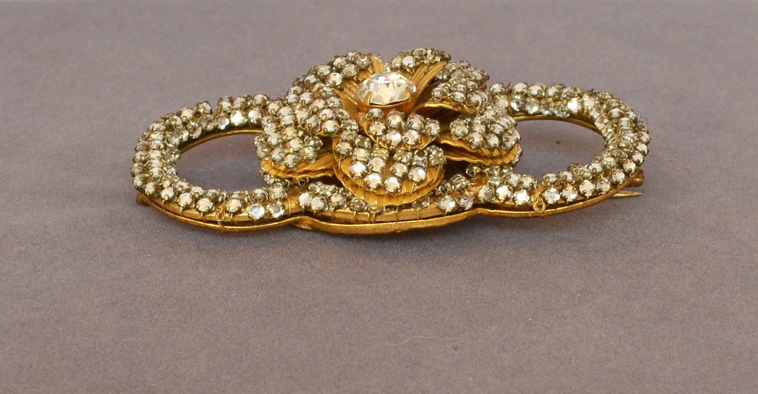 GLORIOUS Vintage 1940 MIRIAM HASKELL Rhinestone Gold Brooch