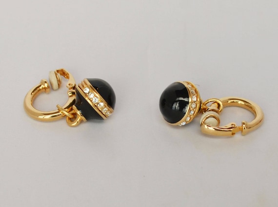 Vintage Gold, Onyx, and Rhinestone Dangle Earrings - image 1